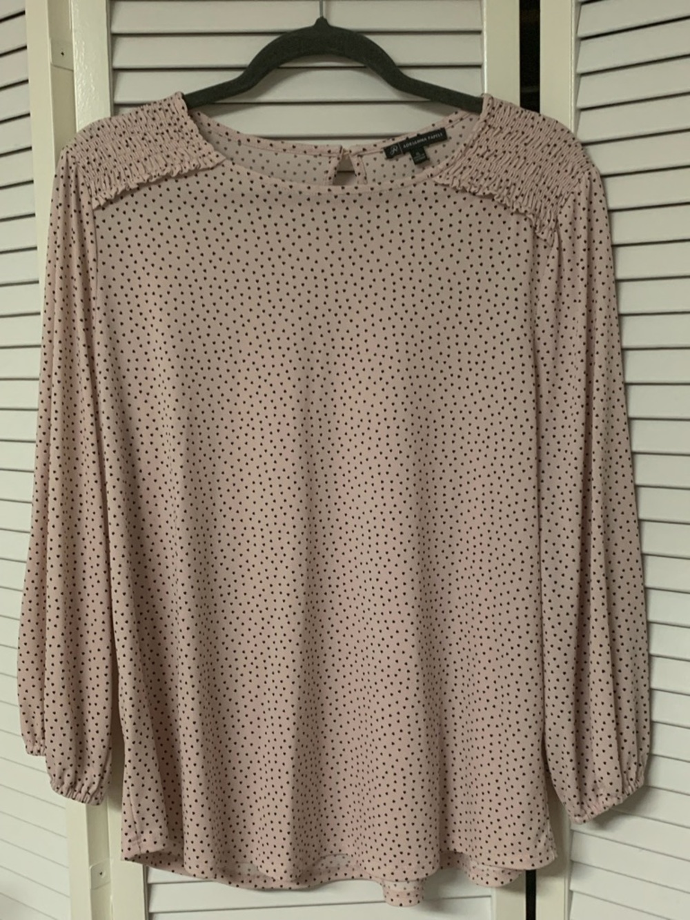 Adrianna Papell Dusty Pink Polka Dot Smocked Shoulder Blouse
